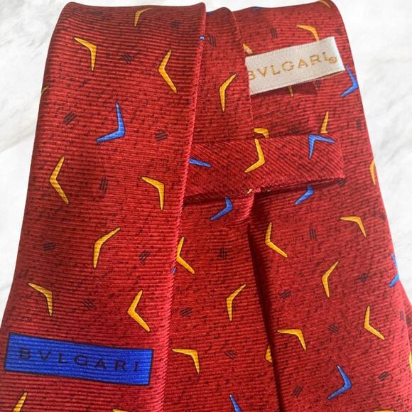 BVLGARI Sevenfold Silk XL Necktie ITALY Luxury Designer BOOMERANG Red PERFECT - Picture 4 of 8